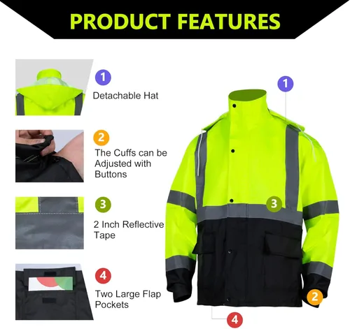 Miniatura 5 de Traje de Lluvia de Alta Visibilidad Clase 3 con Capucha Plegable en Lima Reflectante, Chaqueta y Pantalones de Seguridad Impermeables