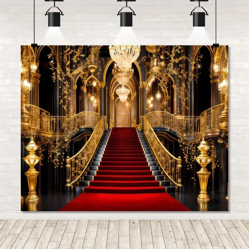 Miniatura 3 de Telón de fondo de palacio de alfombra roja de 7 x 5 pies para fotografía, elegante castillo dorado real, magnífico fondo de fiesta de pasillo, fondo