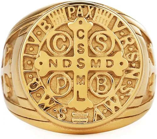 Miniatura 2 de HZMAN Anillo de exorcismo de San Benito para hombres y mujeres, plata de acero inoxidable, cruz católica, romana, protección de demonios, cazador
