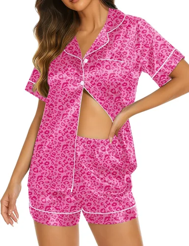 Miniatura 28 de Ekouaer Pijamas de seda para mujer, ropa de dormir de manga corta, suave, con botones, ropa de descanso, 2 piezas, pijama de satén, conjunto
