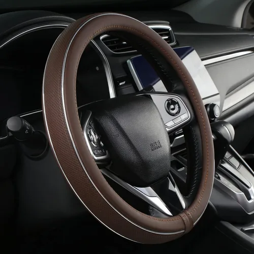 ALEMODR - Funda para volante de cuero marrón con tira de fibra, cubierta universal para volante de coche de 38 cm para hombres