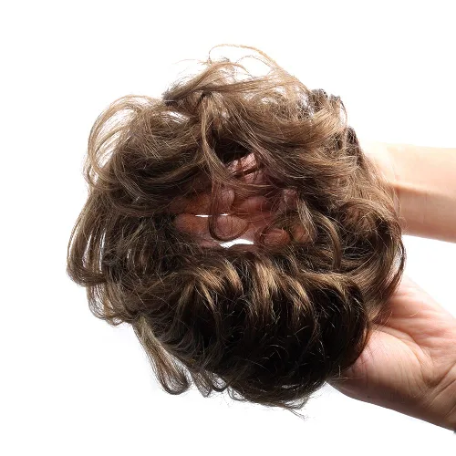 Bella Hair - Rodete de extensión de cabello 100 % humano para banda elástica, extensión de cola de caballo ondeada, rizada o desordenada #2 Marrón