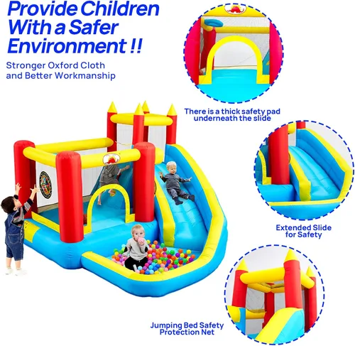 Miniatura 3 de WELLFUNTIME - Casa inflable para saltar con tobogán, castillo hinchable con ventilador, pared de escalada, diana, aro de baloncesto y 50 pelotas