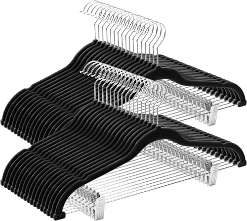 Miniatura 12 de Cozymood Perchas de terciopelo para faldas, paquete de 24, perchas moradas con clips, ultrafinas, antideslizantes, perchas para pantalones, ahorran