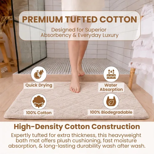 Miniatura 6 de C23 Alfombra de baño de 1 pie 8 pulgadas x 2 pies 8 pulgadas, alfombra de baño suave de felpa copetuda 100% algodón con respaldo de látex