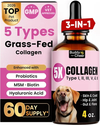 Colágeno Premium para Perros y Gatos – 5 Tipos de Colágeno Alimentado con Hierba (I, II, III, V y X), Alivio Rápido de Alergias y Picazón para