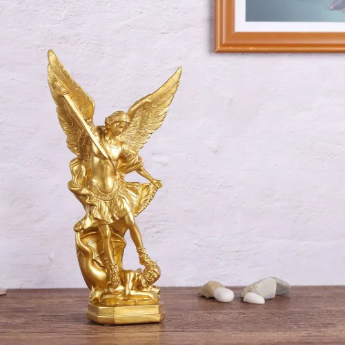 Miniatura 4 de Estatua de San Miguel Arcángel de 31.8 cm en oro, estatua de San Miguel en resina, colección de figuritas del Arcángel Miguel vitoriosamente sobre