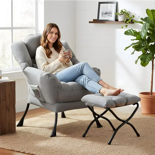 Miniatura 3 de Furlide Silla Lazy con otomana, moderna silla de estar con almohada lumbar, sillón de lectura acogedor y reposapiés plegable para dormitorio, sala
