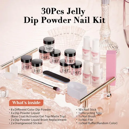 Miniatura 8 de AZUREBEAUTY Kit de uñas en polvo de inmersión, gelatina translúcida blanca lechosa, rosa desnudo, neutro, claro, 8 colores, juego de polvo