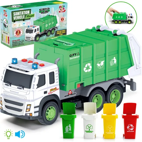 MOBIUS Toys Camión de basura – Camión de reciclaje grande a escala 1:12 con luces, sonidos y piezas móviles – Camión de basura duradero sin BPA para