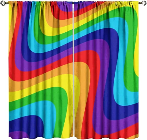 Miniatura 14 de Cortinas opacas abstractas de arco iris, pintura de color arcoíris con gotas, diseño gráfico creativo con bolsillo para barra, para sala de estar