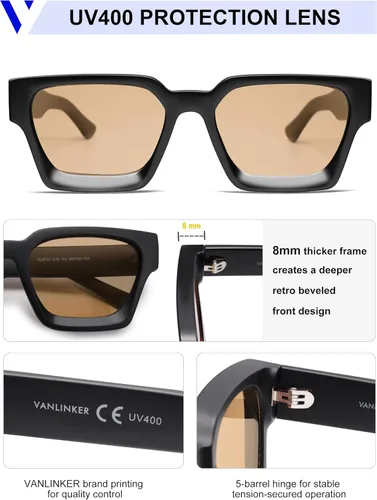 Miniatura 14 de VANLINKER Gafas de sol cuadradas gruesas para hombres y mujeres, retro, rectangulares, con protección UV400, VL9731