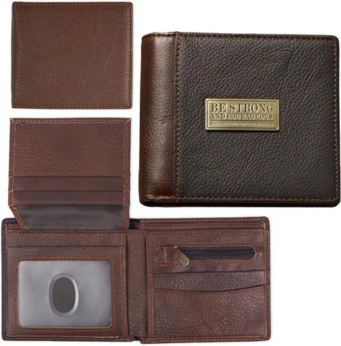 Christian Art Gifts Cartera de cuero genuino para hombre Fuerte y valiente con incrustaciones de latón " Deuteronomio 316 versículo de la Biblia