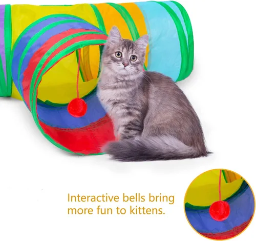 Miniatura 5 de Túnel para gatos, tubo plegable con 1 pelota de juego, túneles de gato de 3 vías para gatos de interior, cachorros, gatitos, gatitos, conejo