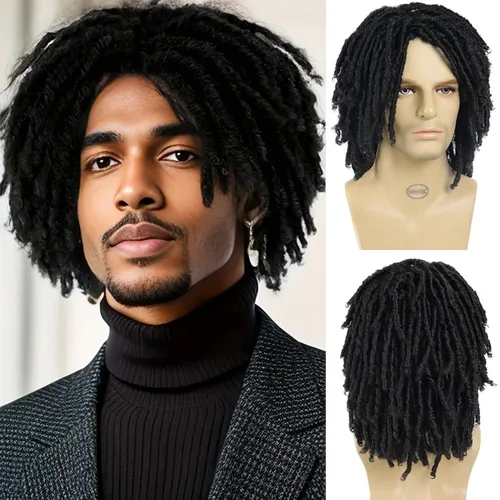 Miniatura 8 de GNIMEGIL Peluca de rastas cortas de 14 pulgadas para hombre, estilo afro bob, ombré, color marrón claro, cabello trenzado de ganchillo, pelucas