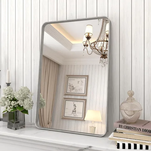Miniatura 10 de Paquete de 2 espejos de baño con marco de metal negro de 22 x 30 pulgadas, espejo rectangular redondeado negro mate, antioxidante, se cuelga