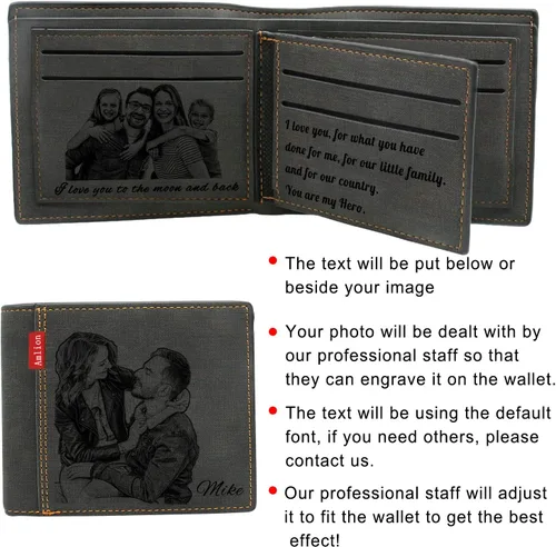 Miniatura 3 de Amlion Billetera grabada personalizada, carteras RFID con foto personalizada para hombres, marido, papá, hijo, regalos personalizados, Negro