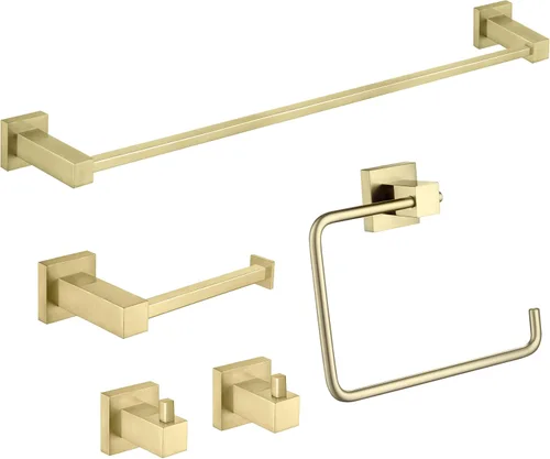 KIBI Cube - Juego de accesorios de baño de 5 piezas, kit de accesorios de baño para montar en la pared, latón premium, incluye toallero, anillo para