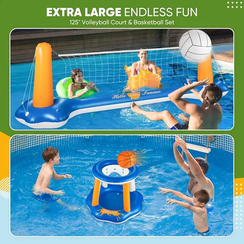 Miniatura 10 de Juego de voleibol de piscina de 118 pulgadas, cancha de voleibol inflable con 2 bolsas de peso, pelota de PVC y bomba mejoradas, divertidos