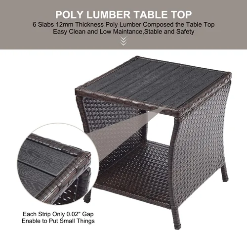 Miniatura 5 de Mesa auxiliar de patio al aire libre, pequeña mesa auxiliar de mimbre marrón para almacenamiento exterior, mesa de centro con mesa de madera