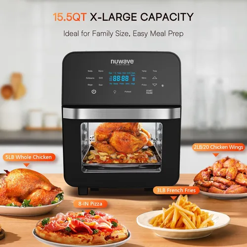 Miniatura 2 de Nuwave Brio - Horno freidora de aire rotisserie 10 en 1 de 15.5 cuartos de galón, tamaño familiar XL, freír con aire uniforme y crujiente