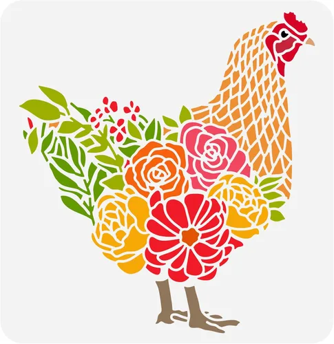 FINGERINSPIRE Plantilla de dibujo de gallo de pollo con flores y hierba, plantilla de pintura de plástico PET de 11.8 x 11.8 pulgadas para