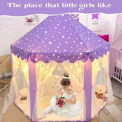 Miniatura 3 de Tienda de campaña de princesa púrpura para niñas, tienda de campaña para niños con luces LED de estrellas pequeñas, tienda de casa