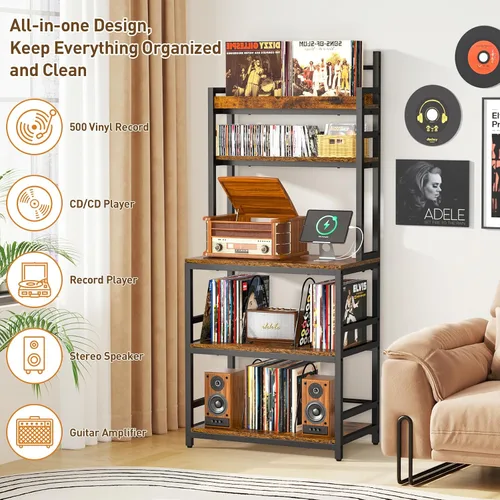 Miniatura 6 de Soporte para tocadiscos con almacenamiento de vinilo, soporte giratorio de 5 niveles con capacidad para más de 500 álbumes, mesa grande