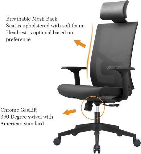 Miniatura 5 de Silla de oficina ergonómica de malla multifunción con soporte lumbar, reposabrazos ajustable (reposacabezas, negro-blanco)