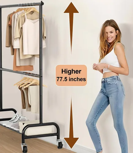 Miniatura 3 de MISSLO Perchero resistente para ropa con doble varilla para colgar, estante de ropa enrollable, armario de closet con ruedas, metal, ajustable, negro