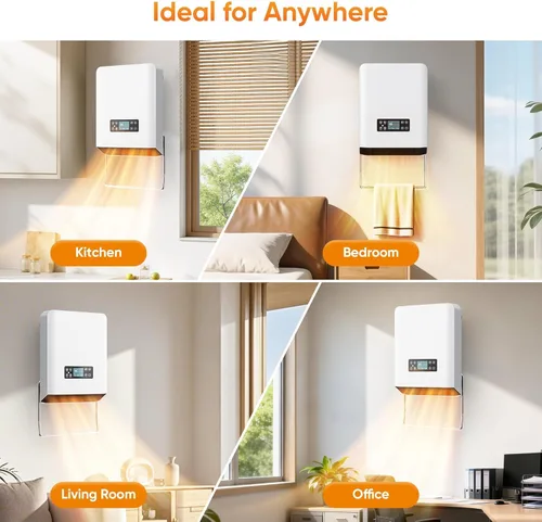 Miniatura 7 de Calentador eléctrico montado en la pared, calentador de espacio interior PTC de 1500 W con control remoto, termostato ajustable, calentador de pared