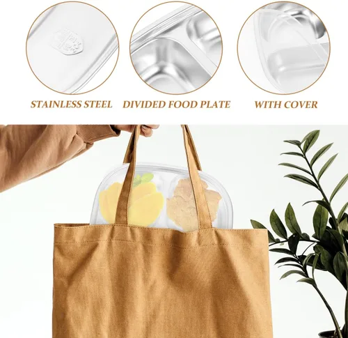 Miniatura 8 de Sosoport Plato de almuerzo dividido de acero inoxidable 304 con tapa, bandeja de alimentos reutilizable para niños y adultos, ideal para camping