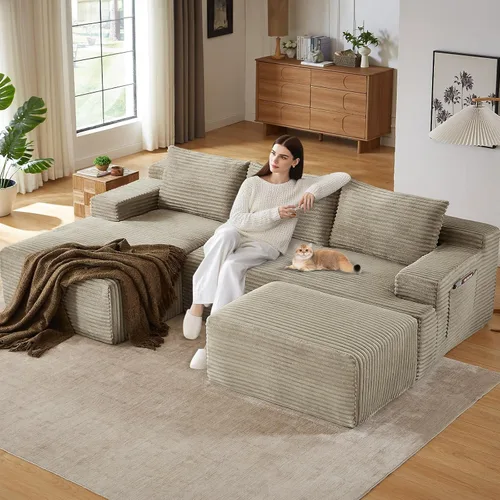 Miniatura 50 de Sofá modular de 95 pulgadas con otomana, moderno sofá nube de pana con asiento profundo, sofá sin hueso tapizado de 3 plazas en forma de U para sala