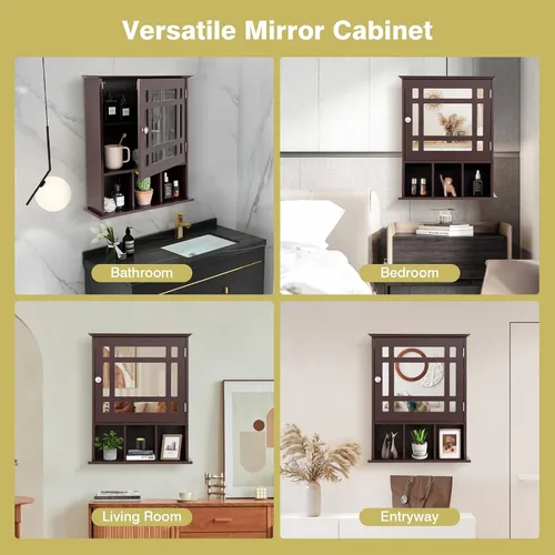 Miniatura 7 de GOFLAME Botiquín de baño con espejo, organizador de almacenamiento colgante montado en la pared con estante ajustable, gabinete de almacenamiento