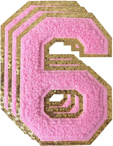 Miniatura 186 de 3 parches de números de chenilla negra, tamaño grande de 4-1/2" parches de números para planchar, parches universitarios para ropa, 8" Borde oro rosa