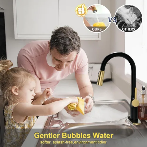 Miniatura 4 de Grifos de cocina, grifo de cocina negro y dorado con rociador extraíble, grifo de fregadero de cocina de acero inoxidable de arco alto, grifo