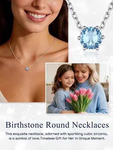 Miniatura 3 de 925 Sterling Silver Pendant Necklaces for Women, HeartRound Birthstone Necklaces Birthday Jewelry for Mother Wife Daughter (with Gift Box)