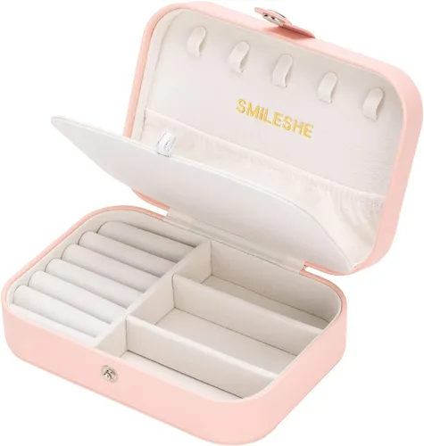 Smileshe Joyero estuche de viaje portátil pequeño de piel sintética organizador de 2 capas caja de almacenamiento para anillos aretes collares