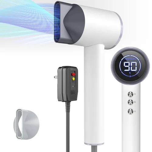 Secador de pelo iónico de 1600 W con pantalla LED y boquilla magnética, portátil para mujeres, viajes, salón, hogar, blanco crema, HC03