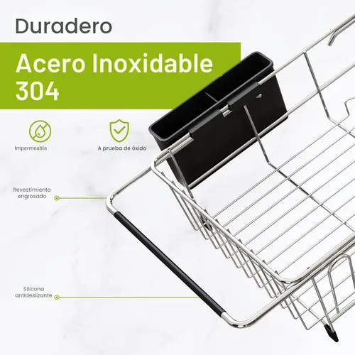 Miniatura 5 de JASIWAY - Escurridor extensible de acero inoxidable para usar sobre fregadero, encimera de cocina y dentro del fregadero, con portautensilios