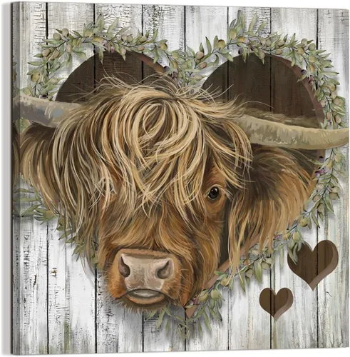 YUEYARIT Lienzo decorativo para pared de vaca de las tierras altas | Estilo vintage de granja, impresión decorativa, imagen en lienzo