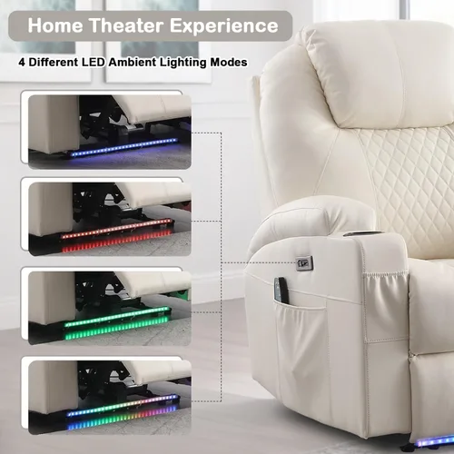 Miniatura 6 de Silla reclinable eléctrica con calor y masaje para adultos, asiento de cine en casa con luces LED, portavasos, bolsillo lateral, puerto USB, sofá