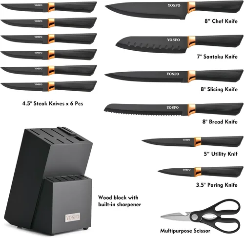 Miniatura 2 de Juego de cuchillos de cocina, 15 piezas con bloque y afilador, acero inoxidable de alto carbono ultra afilado, apto para lavavajillas