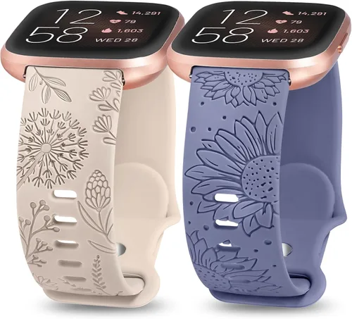 Minyee Paquete de 2 correas con grabado floral compatibles con Fitbit Versa 2/Fitbit Versa/Versa Lite para mujeres, linda correa deportiva de