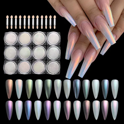 Miniatura 16 de Polvo de uñas cromado, efecto espejo, polvo metálico, 6 colores, bronce, marrón, negro, oro rosa, holográfico, purpurina cromada, pigmento en polvo