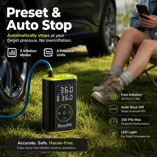 Miniatura 4 de Roadvo [10000 mAh] Inflador de neumáticos Compresor de aire portátil - Bomba de aire eléctrica inalámbrica 150PSI 3 veces más rápida para neumáticos
