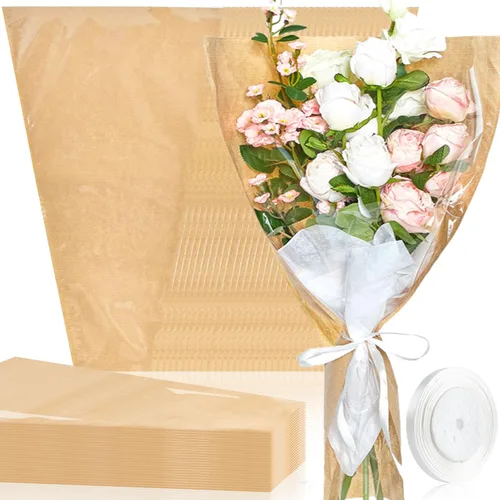 Jutieuo 50 bolsas de flores para ramo, envoltura de flores, bolsas de papel kraft con cintas para suministros de floristería, boda, cumpleaños, día