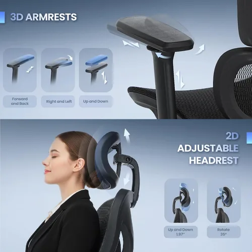 Miniatura 5 de MALOL Silla de oficina ergonómica, silla de computadora de malla con respaldo alto y reposacabezas ajustables y brazos 3D, altura del respaldo