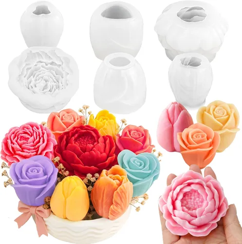Miniatura 15 de Juego de 3 moldes de vela de peonía para hacer velas, juego de moldes de silicona 3D grandes + medianos + pequeños para fundición de resina epoxi, 3