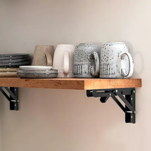 Miniatura 6 de Ravinte Paquete de 2 soportes plegables para estantes de 6 pulgadas, color negro mate, soportes plegables resistentes para mesas y bancos, diseño